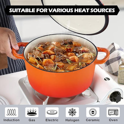 TeamFar Enameled Cast Iron Dutch Oven, 6QT Nonstick Dutch Oven Pot with Lid & Dual Handles for Bread Baking Braising Simmer Roasting, Non Toxic & Heavy Duty, Multi Stoves & Oven Safe - Orange - Image 6