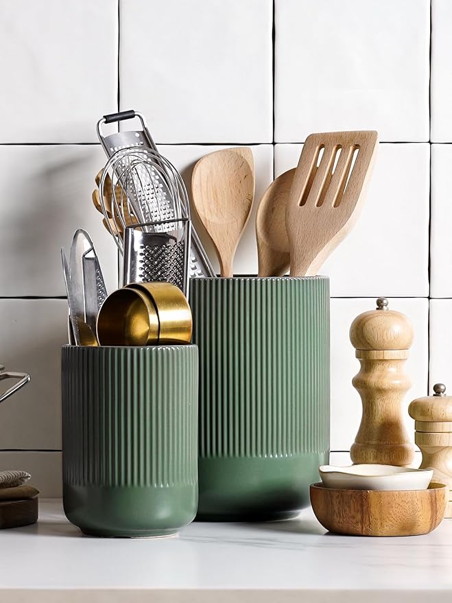 LE TAUCI Utensil Holder for Kitchen Counter, 7.3"+5.4" Fluted Ceramic Utensil Crock Organizer for Countertop, Heavy Large Holder for Spatulas, Spoons, Set of 2, Forest Green - Image 3