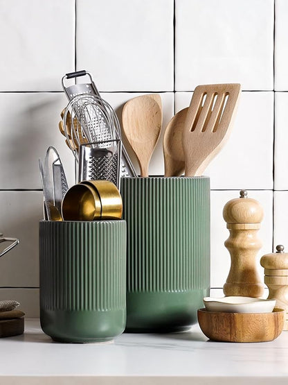 LE TAUCI Utensil Holder for Kitchen Counter, 7.3"+5.4" Fluted Ceramic Utensil Crock Organizer for Countertop, Heavy Large Holder for Spatulas, Spoons, Set of 2, Forest Green - Image 3