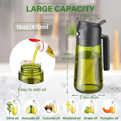 Vakoo Oil Sprayer for Cooking, 2 in 1 Oil Dispenser for Kitchen, 16oz/470ml Light-Blocking Dark Glass Olive Oil Spray Bottle, Air Fryer, Salad & BBQ (Black&White)