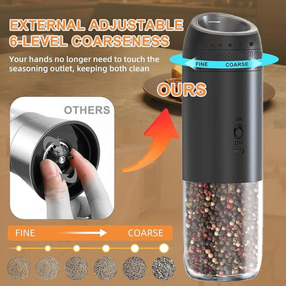 Gravity Electric Salt and Pepper Grinder Set Rechargeable, External Adjustable Coarseness, Automatic Salt and Pepper Shakers Mill with LED Light, 6oz/176ml Large Capacity, House Warming Gifts (1 Pack)