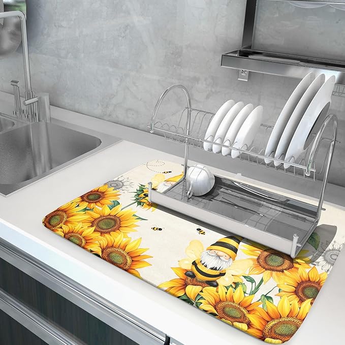 Giwawa Bee Gnomes Dish Drying Mat, Summer Sunflowers Elf Dish Drainer Mats for Kitchen Countertop, Vintage Sunshine Floral Absorbent Reversible Dish Drying Pad Decor, 18x24inches, Large