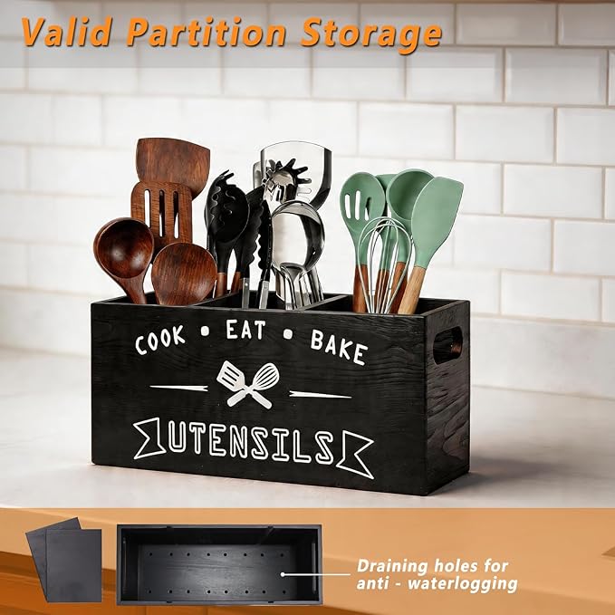 Large and Durable Wooden Kitchen Utensil Holder - Ideal for Kitchen Counter Decor and Party Use （black 3 Compartment）