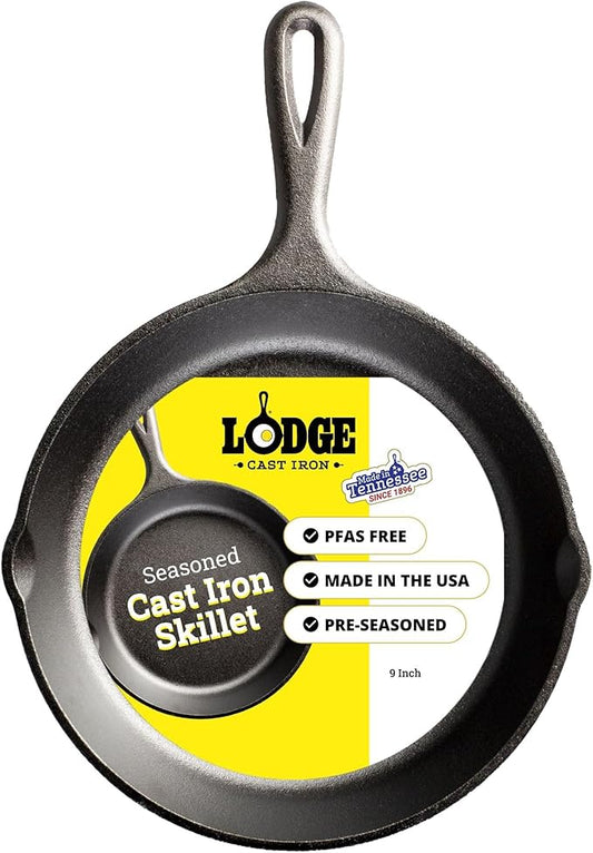 Lodge Seasoned Cast Iron Skillet 9 Inches - PFAS-Free, Non-Toxic Cookware - Use with an Oven, Stove, Grill, or Campfire - Naturally Non-Stick & Oven Safe