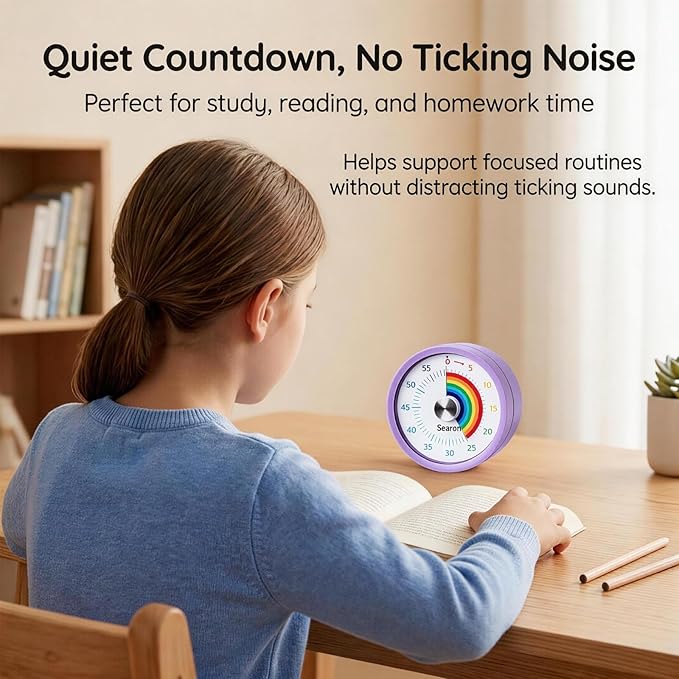 Searon Visual Timer for Kids with Magnet, Quiet 60 Minute Countdown Timer with Rainbow Disk, Sound or Silent LED Alert, for Homework, Reading, Study Time, Kitchen & Small Spaces (Purple)