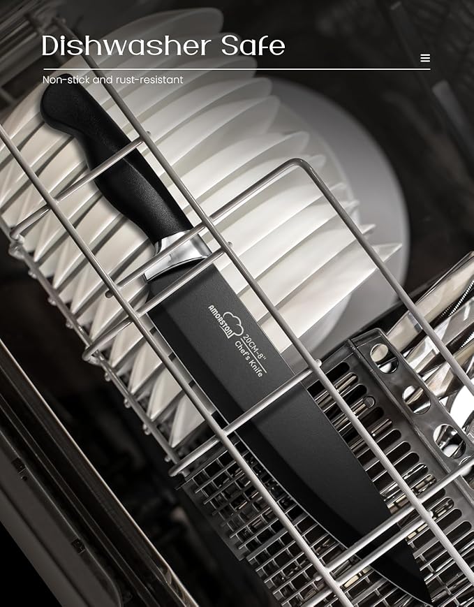 Amorston Knife Set, 15 Pieces Kitchen Knives Set with Block and Built in Sharpener, Dishwasher Safe Knife Block Set, German Stainless Steel Knife Block Set for Home Kitchen Mothers Day Gifts Black - Image 7