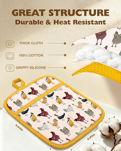 Slohif Silcone Chicken Pot Holders for Kitchen - 100% Cotton Yellow Cute Oven Potholders with Pockets, Heat Resistant Square Thick Hot Pads, House New Home Baking Baker Gifts,2pack