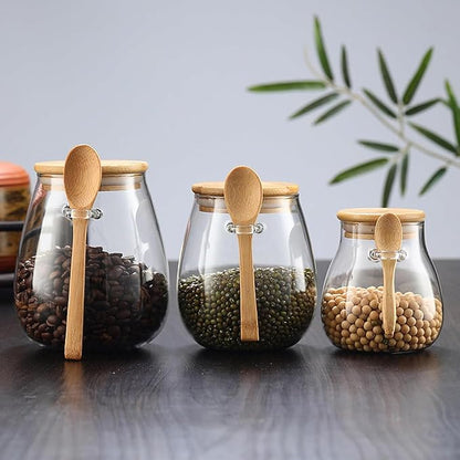 Airtight glass jar storage container with bamboo lid Set of 4, wide mouth, leak-proof, With a spoon, can be used for coffee beans, tea leaves, grains, dried fruits, etc (Small*4pcs) - Image 3