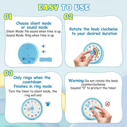 HIPPIH Visual Timer for Kids, 60 Minute Countdown Timers for Classroom Kitchen Office, Rainbow Disk Desk Timer Clock with Silent Operation, Pomodoro Timer Time Management Tools for Toddler ADHD Blue