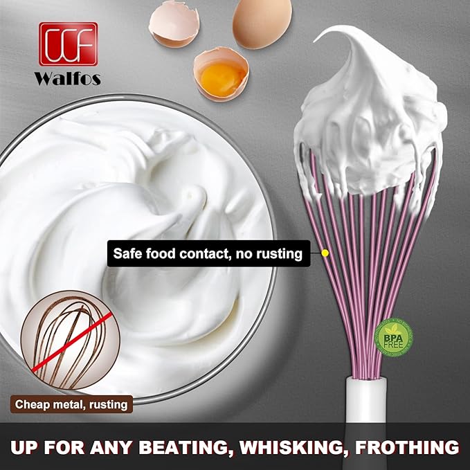 Walfos Whisk, Silicone Whisks for Cooking & Baking Non Scratch Rubber Coated Pink Whisk for Non-stick Wisk, Perfect for Frothing, Blending, Beating and Whisking (3pack Pink) - Image 3