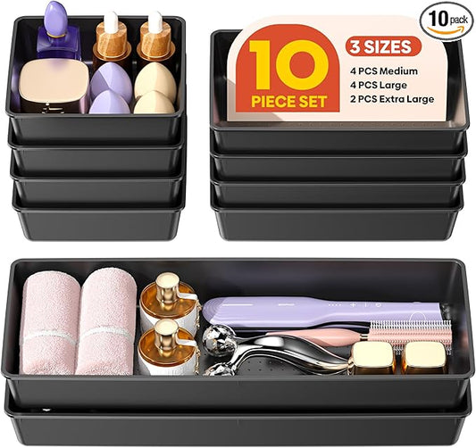 10 Pack Large Size Plastic Drawer Organizers Set, 3 Sizes Desk Drawer Organizer Trays, Storage Bins for Vanity, Makeup, Bathroom, Kitchen Utensils and Office (Black)