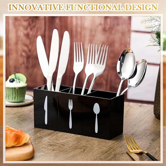 Suzile Acrylic Cutlery Storage Organizer Bin Silverware Caddy Countertop Knife Spoon and Fork Holder Kitchen 3 Section Tableware Storage Box for Cabinet Indoor Home Flatware Dining Room (Black,M) - Image 4