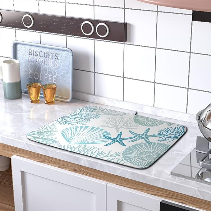 Summer Blue Dish Drying Mat for Kitchen Counter Nautical Coastal Teal Dishes Drainer Mats Beach Coral Seashell Starfish Ocean Absorbent Microfiber Dish Draining Pad 16x18 Inch - Image 5