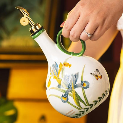 Ceramic Olive Oil Dispenser, 27 oz Floral Pattern Cruet with Auto-Close Spout, 9.45" Tall, Decorative Oil and Vinegar Bottle (iris)