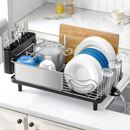 Urackify Stainless Steel Dish Drying Rack - Large Capacity Kitchen Counter Organizer with Drain Board, Utensil Holder & Detachable Cup Shelf, Surgical-Grade Rust-Proof Dish Drainer, Easy Assembly by Urackify