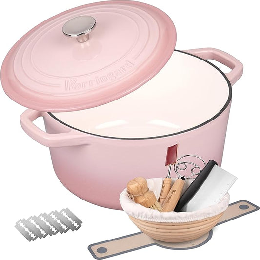 VORRINGARD Enameled Cast Iron Dutch Oven Pot with Lid, for Bread Baking, Round Bread Oven- include Sourdough Bread Baking Supplies Set, 6QT, Pink by Unknown