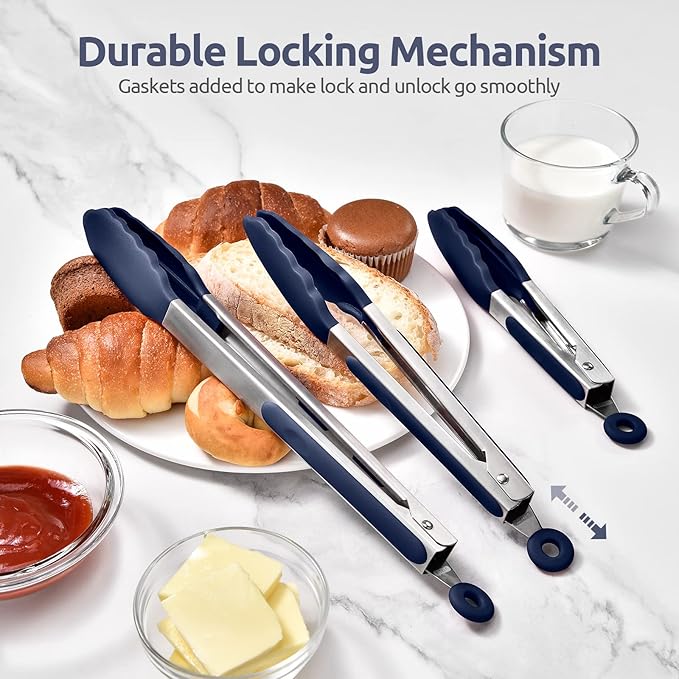 600ºF Heat Resistant Kitchen Tongs: U-Taste 7/9/12 inch Silicone Cooking Tong Set with Non Stick Rubber Tips and Silicon Coated 18/8 Stainless Steel Handle for Serving Grilling Salad(Midnight Blue) - Image 7