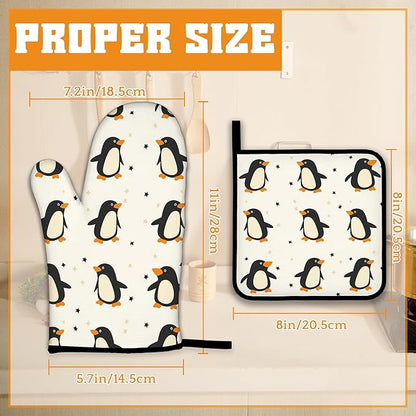 Cute Penguin Oven Mitts and Pot Holders Set,Kitchen Decor Heat Resistant Non Slip Hot Pads and Oven Mitt for Chef Cooking Baking BBQ Mom Girl Gifts(4 Piece Set)