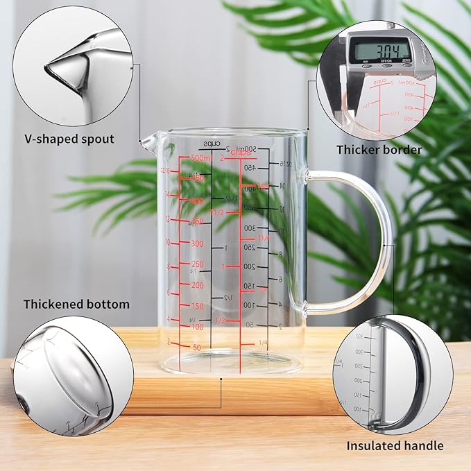77L Glass Measuring Cup, [Double-Sided Measuring Scale, Insulated handle, V-Shaped Spout], High Borosilicate Glass Measuring Cup for Kitchen or Restaurant, Easy To Read, 500 ML (0.5 Liter, 2 Cup) - Image 7