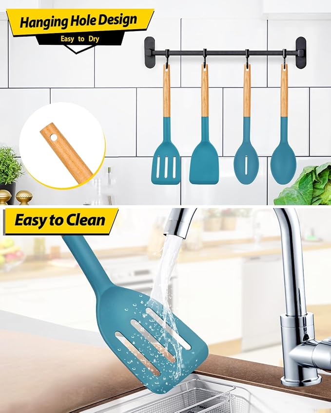 Pack of 4 Silicone Cooking Utensils Set, Non Stick Solid Spatulas and Heat Resistant Slotted Spoons with Wooden Handle, Ideal Wood Kitchen Utensils Set for Frying,Serving,Turning,Stirring (BLUE) - Image 6