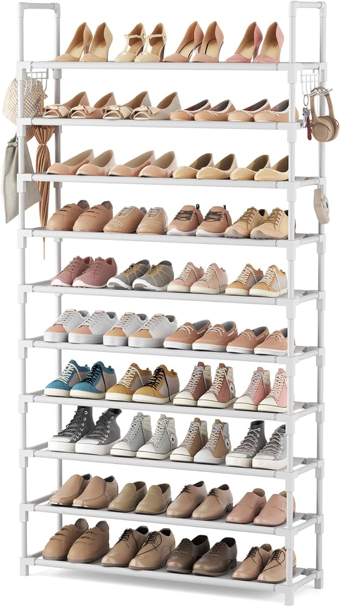 VTRIN 10 Tiers Shoe Rack Tall Large Capacity Wide Shoe Organizer Sturdy Shoe Shelf for Entryway with Two Hooks Metal Shoe Storage for Closet, Bedroom, White by VTRIN