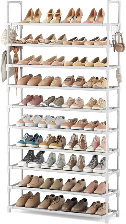 VTRIN 10 Tiers Shoe Rack Tall Large Capacity Wide Shoe Organizer Sturdy Shoe Shelf for Entryway with Two Hooks Metal Shoe Storage for Closet, Bedroom, White by VTRIN