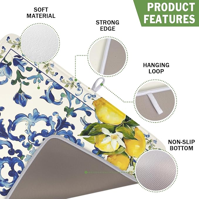 Lemon Dish Drying Mat 18x16 Inch, Blue Tiles Drying Mat with Absorbent Reversible Microfiber, Italian Olive Tree Dish Drainer Mats Summer Rack Pad for Coffee Countertop Kitchen Protector