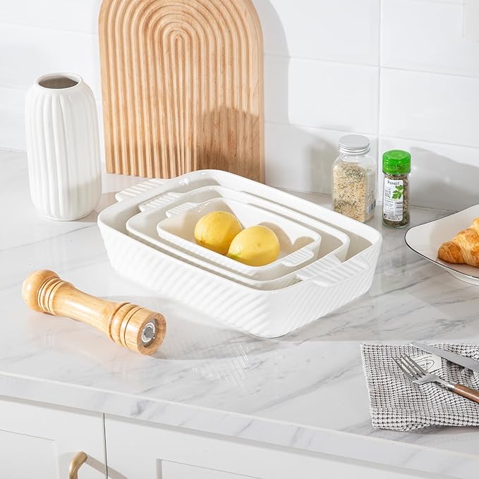 Sweejar Ceramic Baking Dish Set, Cake Baking Dish for Brownie, Porcelain Striped Casserole Dishes for Oven with Handle for Lasagna, Family Dinner(White) - Image 4