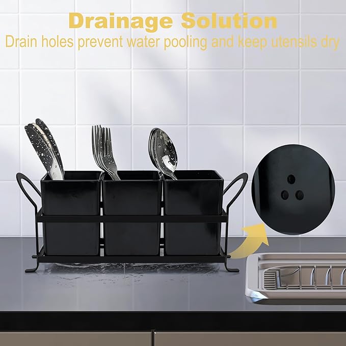 ECOIOU Cutlery Holder with Drain Holes, Dishwasher Safe Silverware Caddy for Party, Kitchen Counter, 3pcs Bins Set Countertop Utensil Holder for Spoons, Forks and Knives, Black - Image 3