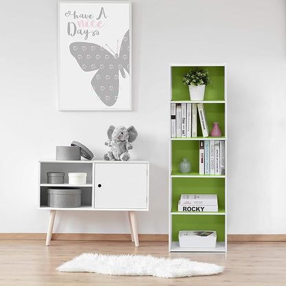 Furinno LUDER Book Shelf, 5-Tier Bookshelf, Bookcase with Open Shelves, 9.4 x 15.8 x 52, Easy Assembly, for Living Room, Bedroom, Home Office, White/Green - Image 9