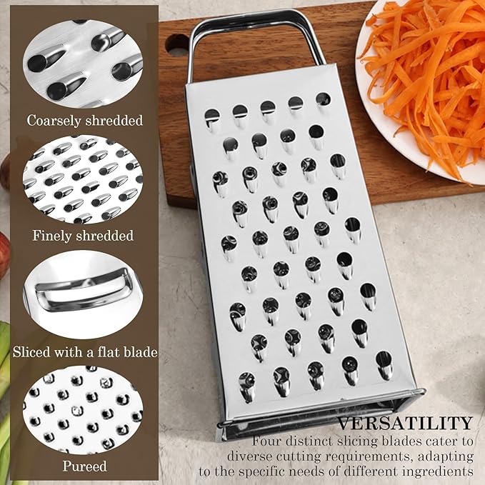 Stainless Steel Vegetable Grater, 4-Sided Portable Metal Grater, Cheese Grater with Handle for Kitchen (8inch) - Image 7