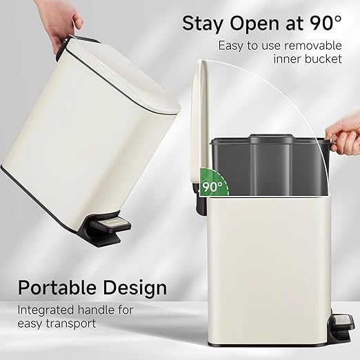 TIPGO Slim Bathroom Trash Can with Lid Soft Close, 6 Liter / 1.6 Gallon Stainless Steel Garbage with Removable Inner Bucket, Small Trash Bins for Bedroom, Office (Cream) - Image 4