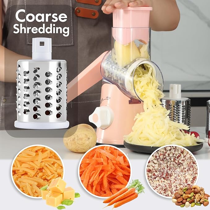 Rotary Cheese Grater with Handle, Round Mandoline Speed Kitchen Slicer, 3 in 1 Multifunctional Vegetable Shredder Manual Nut Grinder for Nuts, Potato, Carrot, Cucumber (Pink) - Image 2