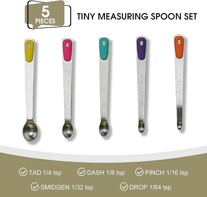Mini Measuring Spoons Set, Tiny Stainless Steel Measure Teaspoons with Silicone Handle, Suitable for Small Amount of Dry or Liquid Ingredients and Spices (1/64, 1/32, 1/16, 1/8, 1/4 tsp) - Image 2