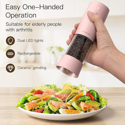 Ultrean Electric Salt and Pepper Grinder Set, USB-C Rechargeable, Salt and Pepper Shakers Spice Mill with 6 Adjustable Coarseness LED Light Larger Capacity, Kitchen Gadget, Gift for Women Mom, Pink