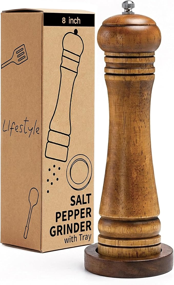 Wood Salt and Pepper Grinder, Salt Grinder and Pepper Mill, Oak Wood Shakers with Adjustable Ceramic Grinders (8″ - 1 Pack with Tray) by MJINGMEI