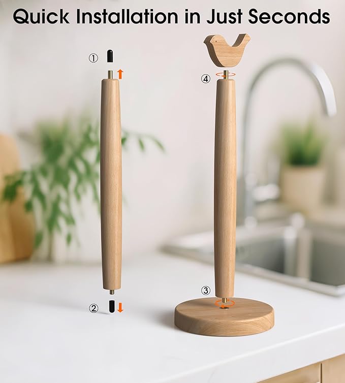 KitchLife Cute Wooden Paper Towel Holder Countertop - Solid Freestanding Paper Towel Dispenser Stand Organizer with Anti-Skid Base (Bird) - Image 5
