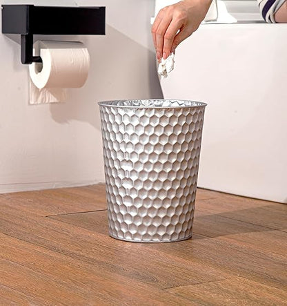 Venalys Small Metal Trash Can Wastebasket, Decorative Honeycomb Garbage Can Waste Basket, Modern Farmhouse Round Trash Bin for Bathroom, Bedroom, Kitchen and Office (Silver)