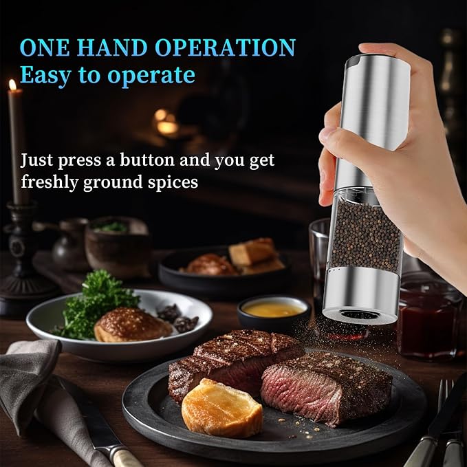 Electric Salt and Pepper Grinder Set Type-C Fast Charging, Automatic Salt and Pepper Shakers Adjustable Coarseness, Stainless Steel Rechargeable Salt and Pepper Grinder with LED Light - Image 5