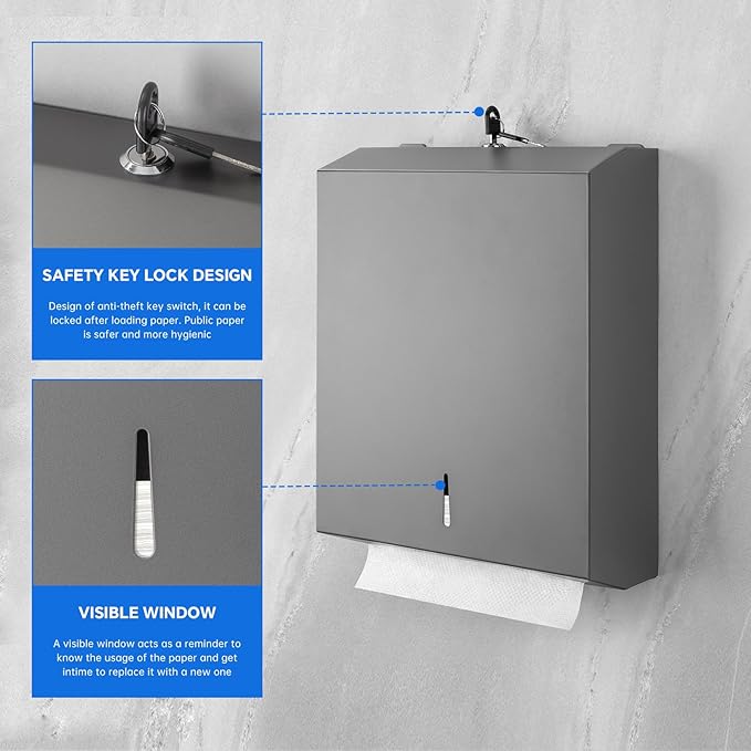 Paper Towel Dispenser Wall Mount Commercial c-fold/Multi-fold/Tri-fold, Touchless Hand Towel Dispenser with Lock(Dark Grey) - Image 5