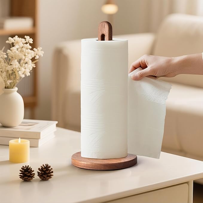 KitchLife Acacia Wooden Paper Towel Holder Countertop, Fits Jumbo Rolls, Freestanding Dark Wood Paper Towel Stand Upgraded Dispenser Organizer with Non-Slip Base - Image 5