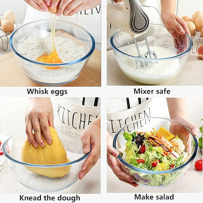 Homwin Glass Mixing Bowl Set for Baking 3-Piece Salad Bowl Set (1qt, 2.5qt, 4.2qt), High Brosilicate Large Bowls for Kitchen Prepping Serving and Storage, Microwave Dishwasher Oven Safe