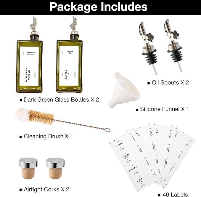 Olive Oil Dispenser Bottle for Kitchen, 16.9oz /500ml Cooking Vinegar Dispenser Bottle Set, Glass Sauce Container, Labels, Brush, Funnel, Stoppers, Green for Oil, Wine - Image 7