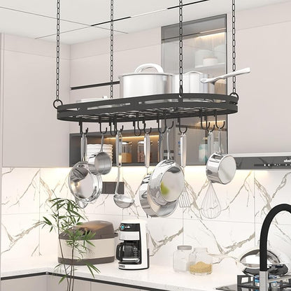 33” Hanging Pot Rack Ceiling Mount, Black Metal Pan Rack Hanging with 15 Hooks, Oval Pots and Pans Hanging Rack, Ceiling Hanging Pot Racks with Grid, Pan and Pot hangers for Kitchen Cookware Utensils
