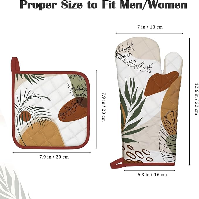Boho Leaf Oven Mitts and Pot Holders Sets 4Pcs, 100% Cotton Heat Resistant, Extra Long Oven Gloves Potholder for Kitchen Cooking Baking Decoration, Housewarming Gifts for Mom - Image 4