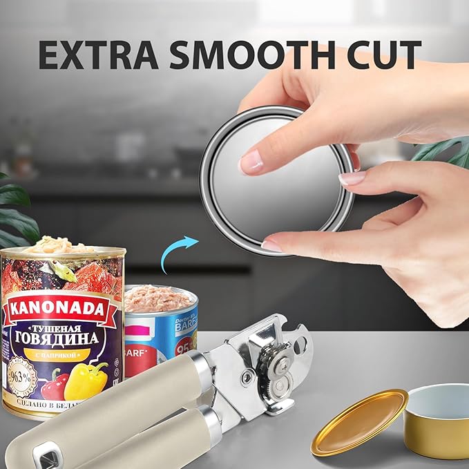 Safring Can Opener Manual, Heavy Duty Handheld Strong Can Opener with Soft Touch Handle, Sharp Blade Smooth Edge, Can Openers with Multifunctional Bottle Opener, Beige - Image 7