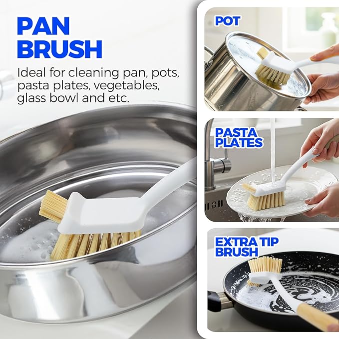 Holikme 6 Pack Dish Brush Set with Bottle Brush, Dish Scrub Brush, Pan Brush and 3 Straw Brushes, Deep Cleaning Handle Brush with Scraper Tip for Kitchen Sink Dishes Bottle Cup Pot and Pans (Yellow) - Image 3