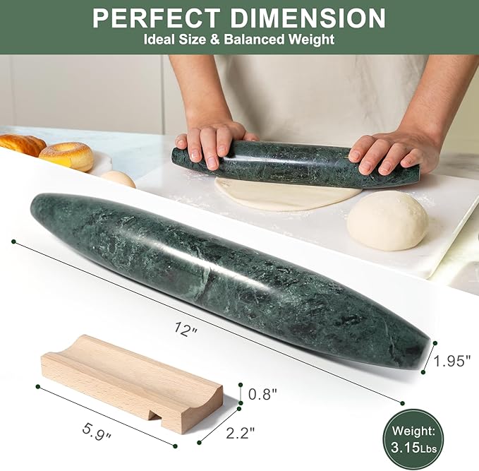 Natural Marble French Rolling Pin,12 inch Kitchen Baking Tool for Baking with Non-Stick Surface, Ideal as a Dough Roller for Pasta, Dumpling, Fondant, Pie, Bread, and Pizza - Image 2
