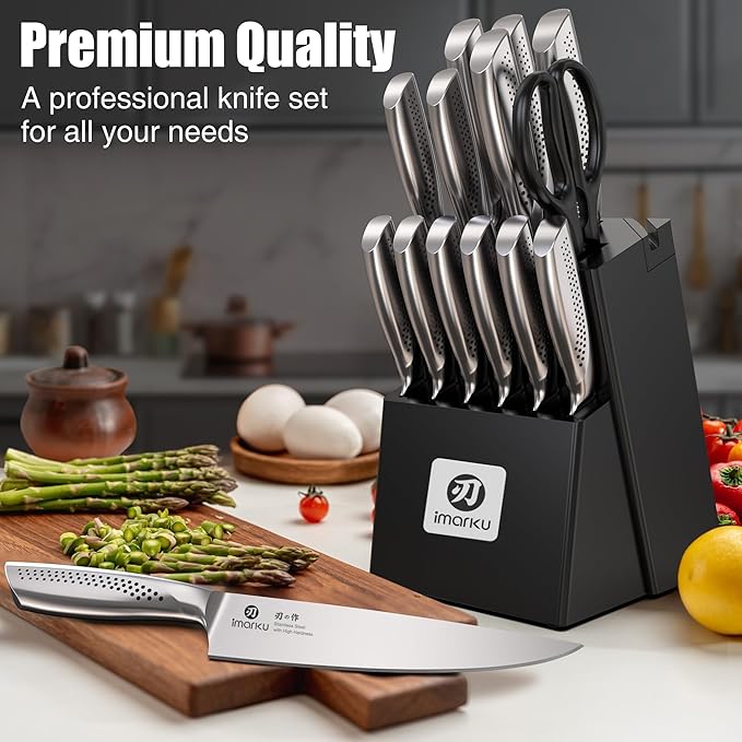 imarku® Kitchen Knife Set, 15 Pcs Japanese Knife Set with Block, Premium Razor-Sharp Chef Knives Set for Kitchen with Sharpener, Rust-Proof, Ergonomic Full-Tang Handle, Black - Image 7