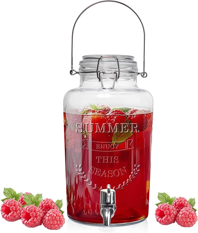 Glass Beverage Dispenser with Airtight Lid and Handle,0.8 Gallon Drink Dispensers Lemonade Dispenser for Parties Ideal for Juice,Coffee,Sangria